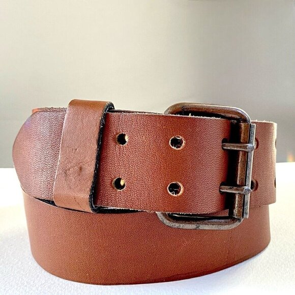 Unbranded Other - Wide Leather Belt Men’s MED BROWN Brass Buckle Oil Tanned Double Tongue Western